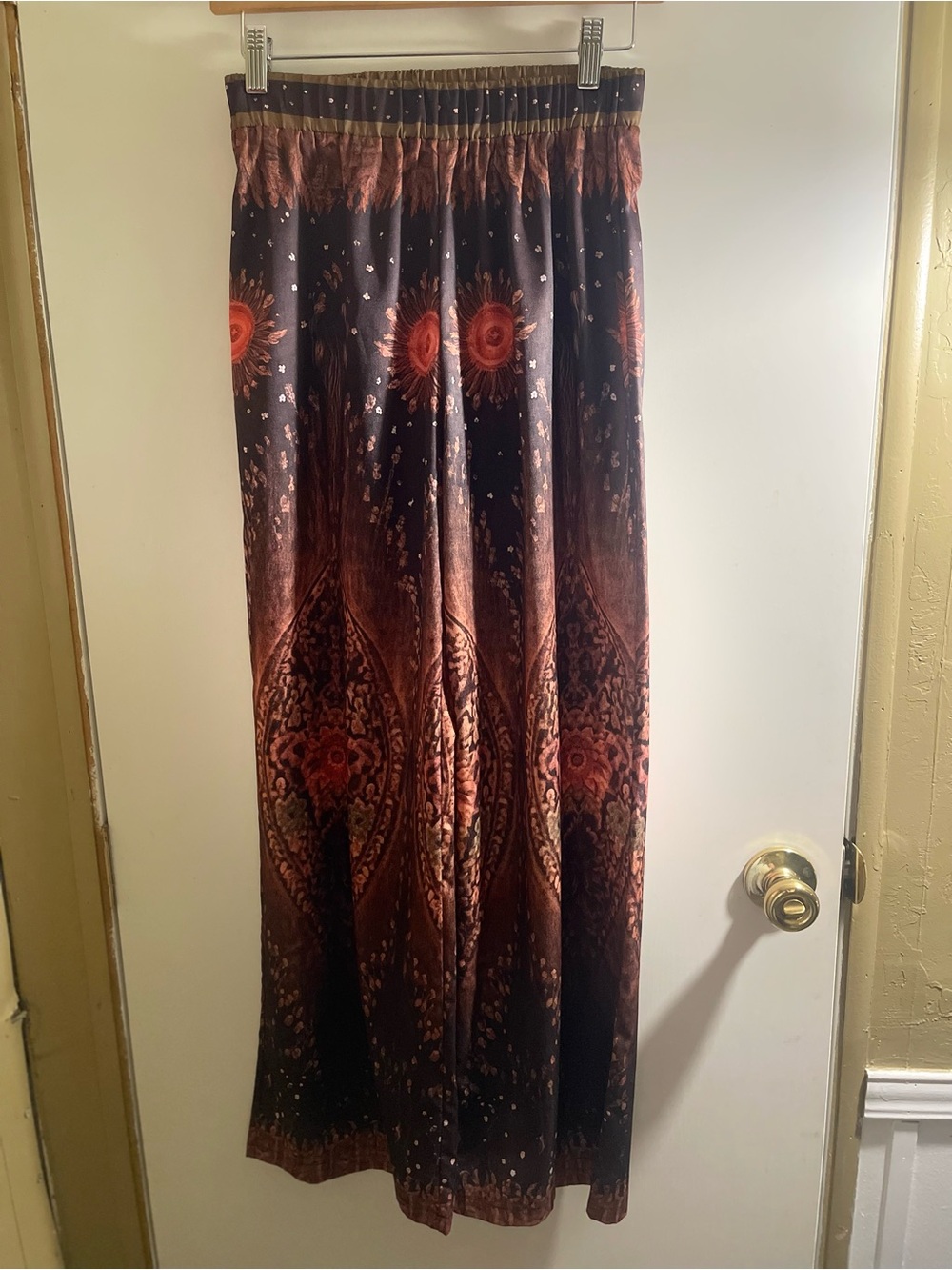 Boho Wide Leg Palazzo Pants Size Medium Brown Paisley Sun Print Pull On